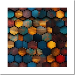 Geometric Timber: Crystalline Hexagons in Amber and Blue Posters and Art